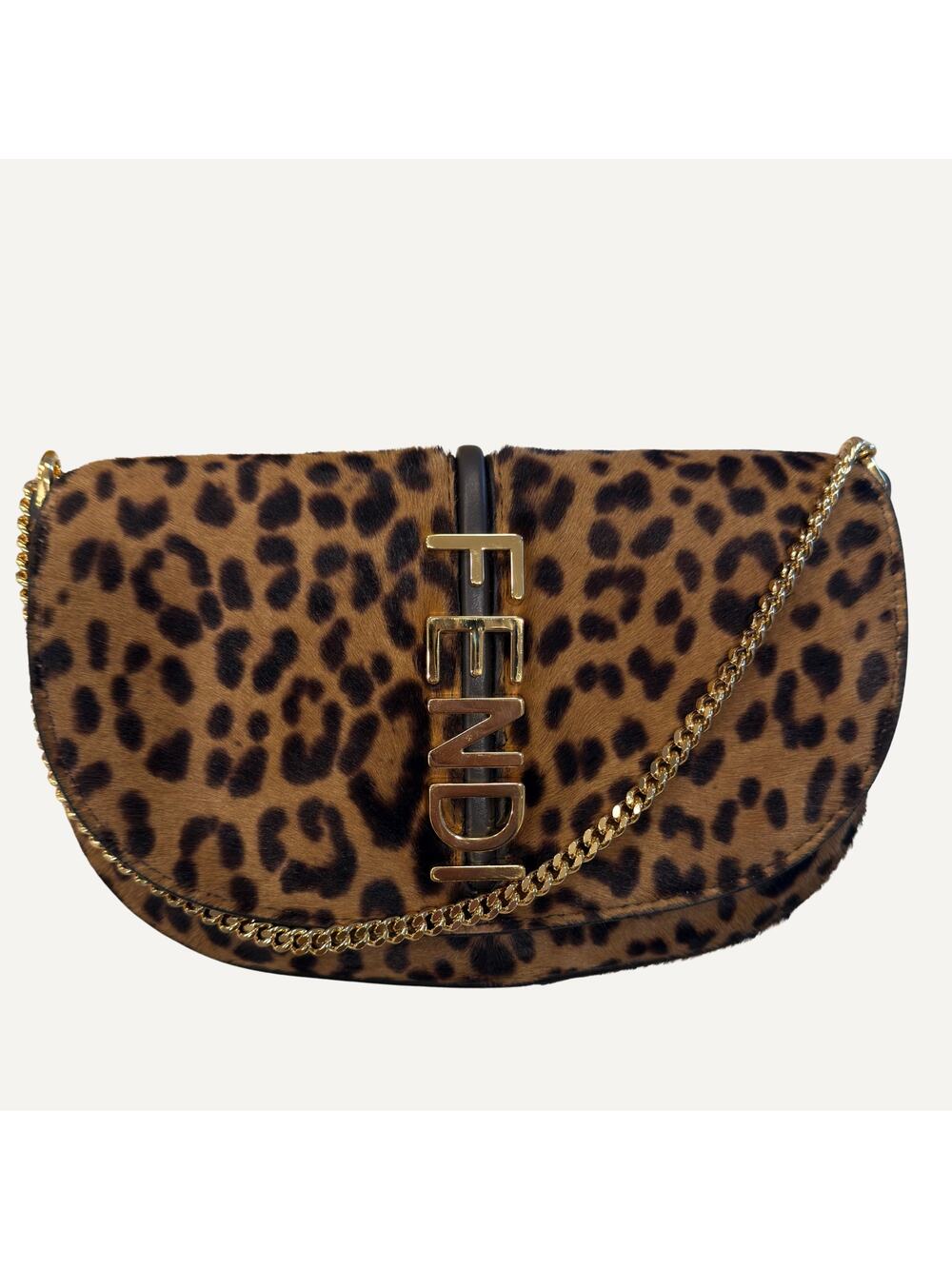 Fendi Moonlight Leopard Print Calf Hair Shoulder Bag Gold Chain Hardware